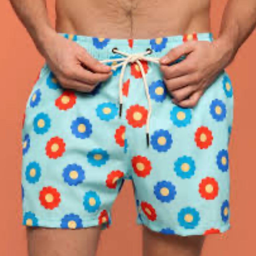 NWT TWO LEFT FEET Lined Swim Shorts in Teal Oopsie Daisy Printed Trunks Size L
